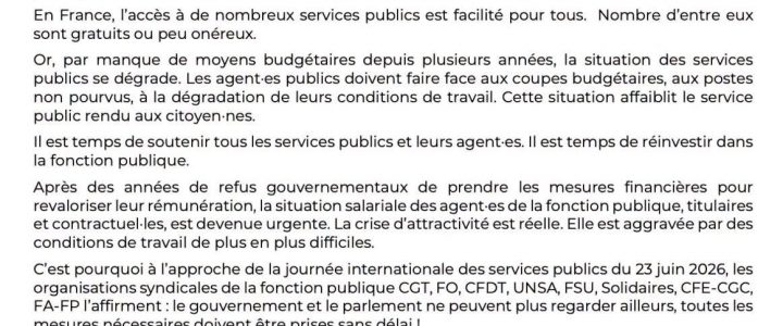 Declaration des 8 organisations syndicales représentatives de la Fonction publique en vue de la journee internationale des services publics du 23 juin 2026 Declaration des 8 organisations syndicales représentatives de la Fonction publique en vue de la journee internationale des services publics du 23 juin 2026